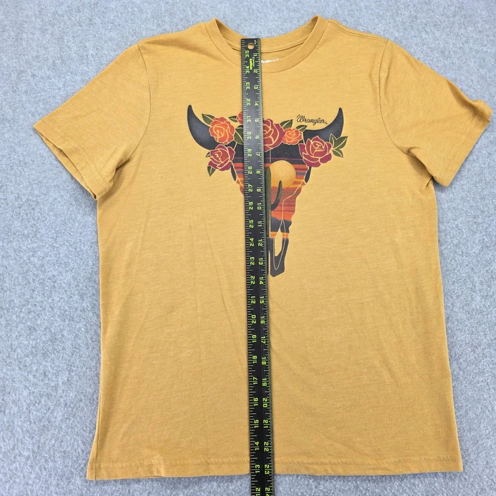 Wrangler Women's Size Small Mustard‎ Yellow Skull Cactus Rose Graphic T Shirt - Picture 9 of 10